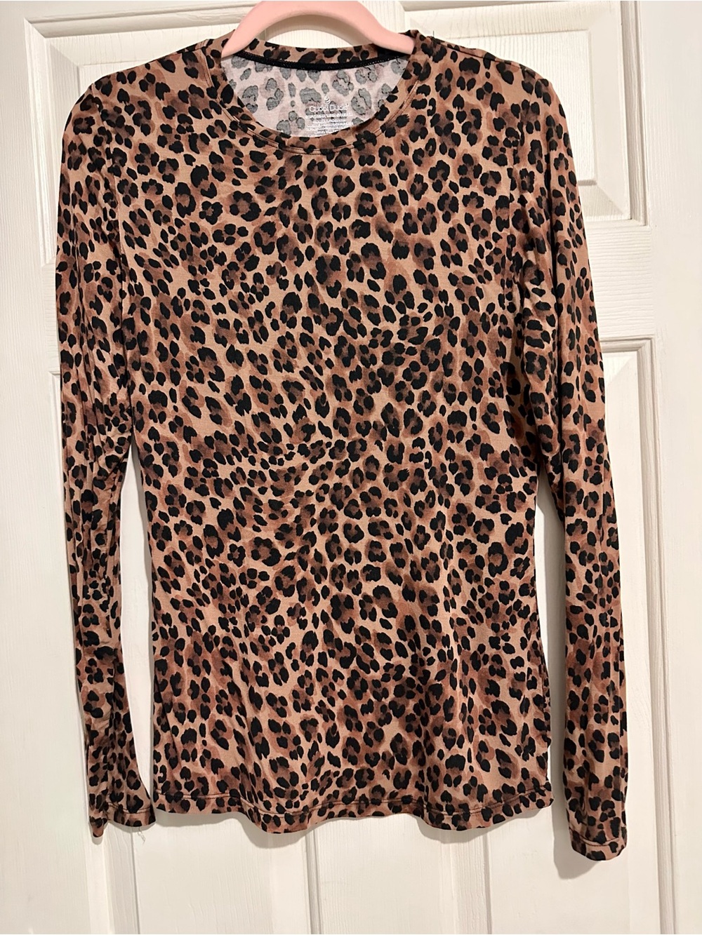 Cuddl Duds Long-Sleeve Leopard Print Tee in Brown and Black